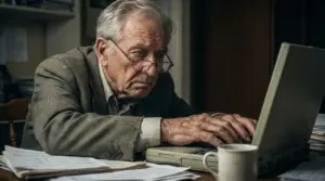Persona anziana al computer in ufficio con documenti sul tavolo, espressione preoccupata per la pensione