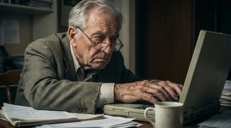 Persona anziana al computer in ufficio con documenti sul tavolo, espressione preoccupata per la pensione
