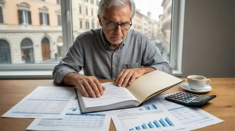 Uomo adulto al tavolo con documenti e calcolatrice, mentre verifica dati per la pensione e i contributi