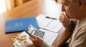 Persona anziana valuta i contributi per la pensione con calcolatrice, documenti INPS e denaro su un tavolo