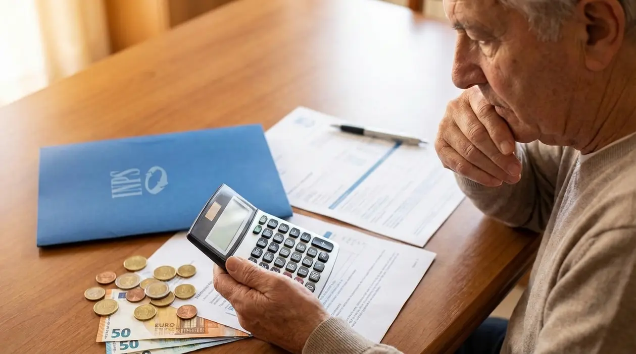 Persona anziana valuta i contributi per la pensione con calcolatrice, documenti INPS e denaro su un tavolo