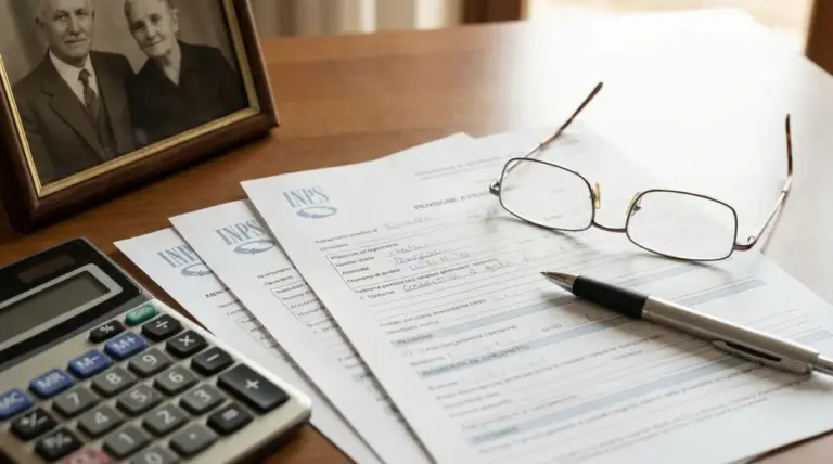 Moduli INPS su un tavolo con occhiali, penna e calcolatrice, accanto a una foto di coppia anziana