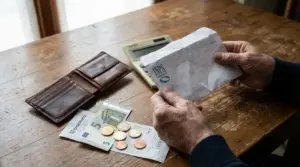 Persona con lettera INPS, portafoglio, contanti e calcolatrice su un tavolo, tema pensione media in Italia