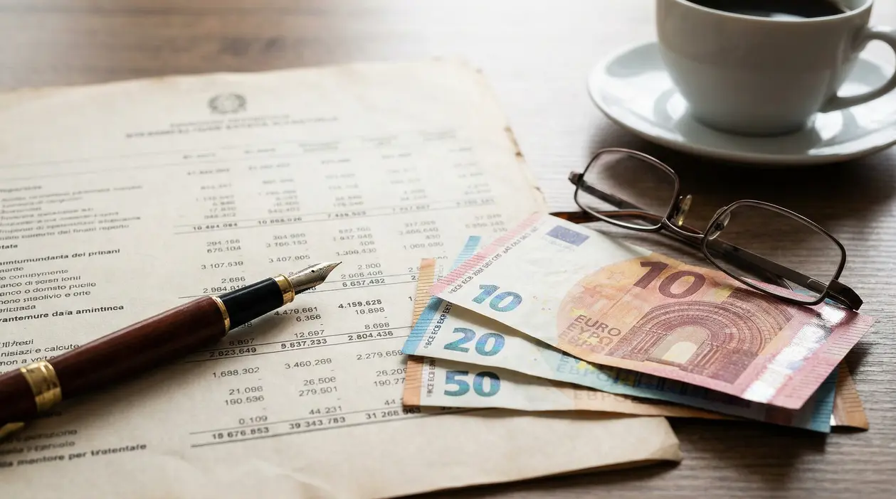 Documenti, banconote in euro, una penna e occhiali su un tavolo