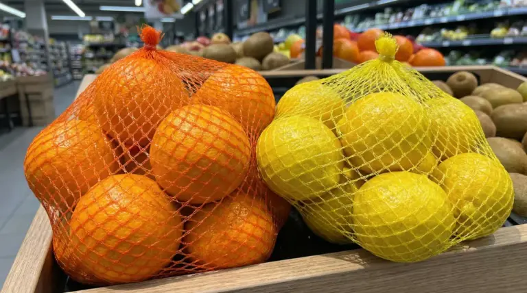 Arance in rete arancione e limoni in rete gialla esposti in un supermercato