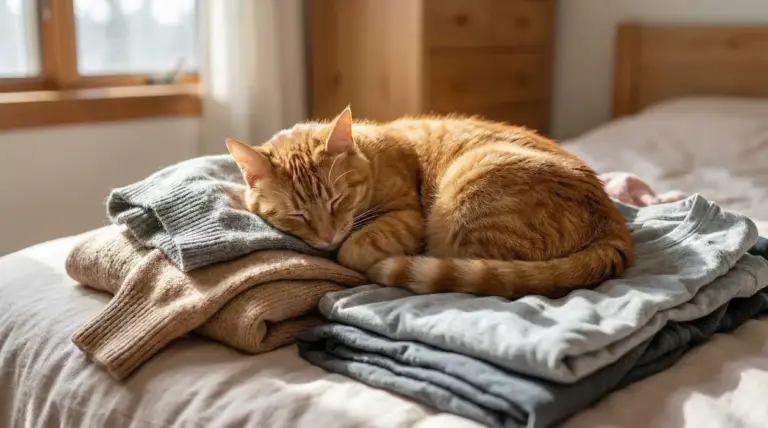 Gatto arancione che dorme su una pila di vestiti piegati su un letto