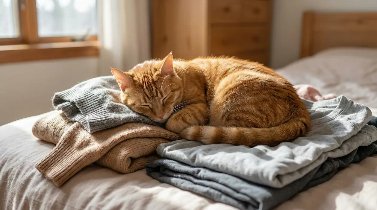 Gatto arancione che dorme su una pila di vestiti piegati su un letto