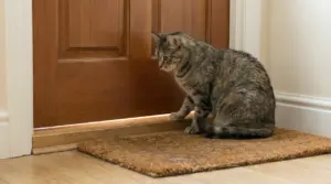Gatto curioso osserva sotto una porta chiusa