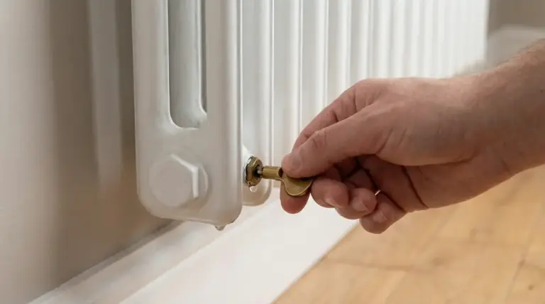 Una mano usa una chiave per sfiatare un termosifone bianco con una piccola perdita d'acqua