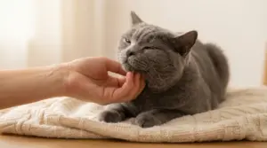 Gatto grigio rilassato mentre viene accarezzato sotto il mento su una coperta chiara