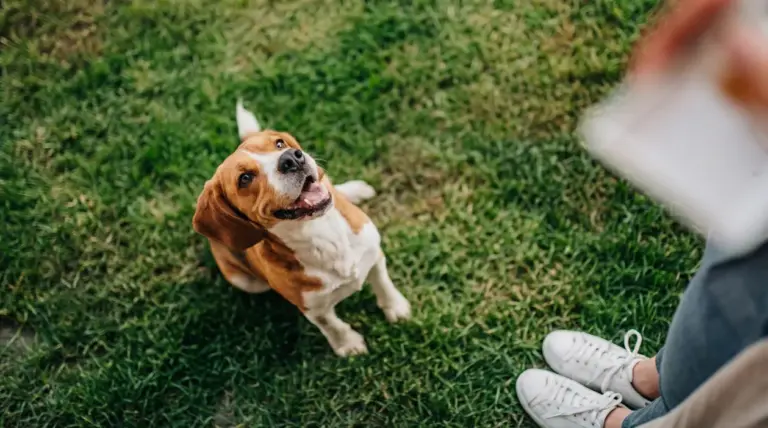 Cane seduto sull'erba guarda verso una persona in piedi