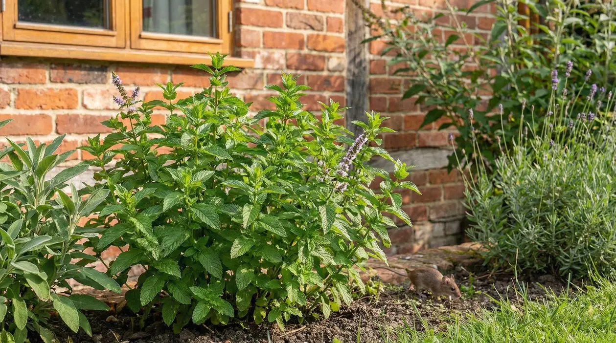 Pianta di menta in un giardino vicino a un edificio in mattoni con un topo sul terreno