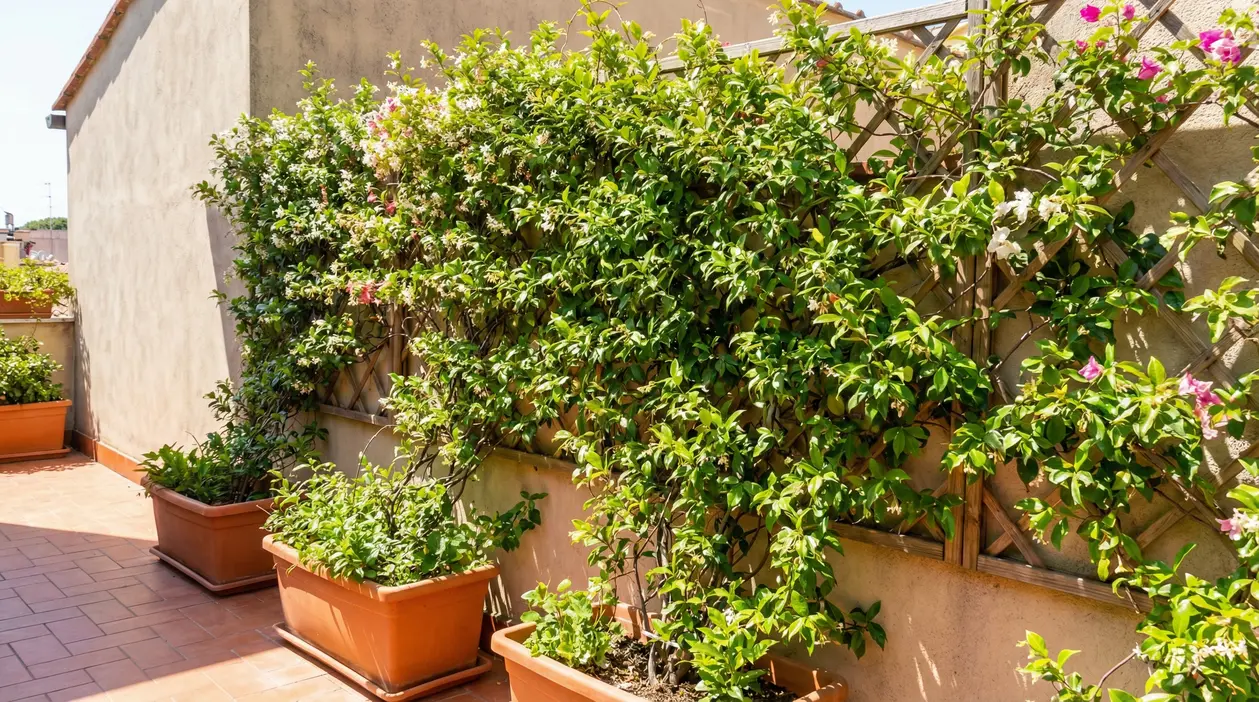 Piante rampicanti in vaso su terrazzo assolato con grigliato in legno