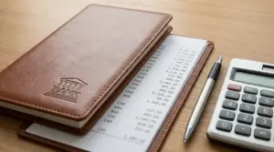 Libretto bancario con estratto conto, penna e calcolatrice su scrivania, tema conto corrente e grammatica