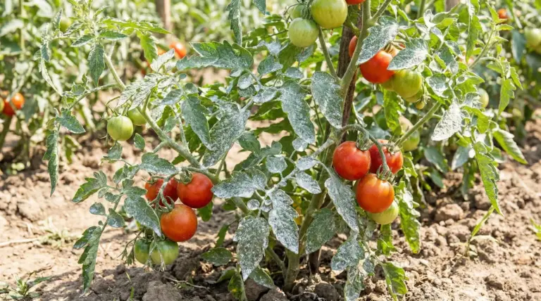 Piante di pomodoro nell'orto con foglie ricoperte di caolino bianco