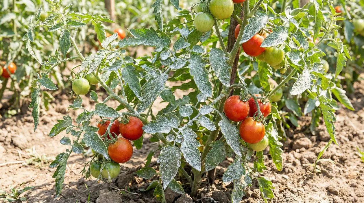 Piante di pomodoro nell'orto con foglie ricoperte di caolino bianco