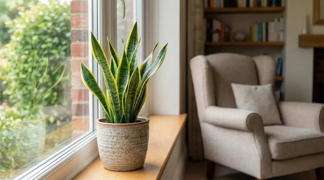 Vaso con pianta di sansevieria posizionato sul davanzale di una finestra in un salotto luminoso