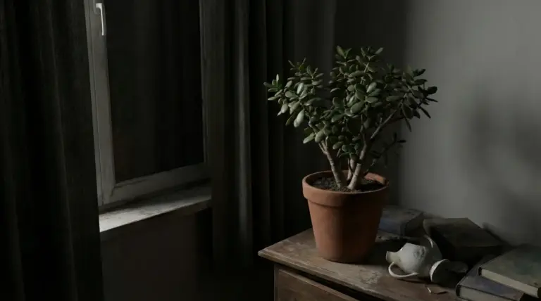 Pianta di albero di giada in vaso su un tavolo vicino a una finestra con poca luce