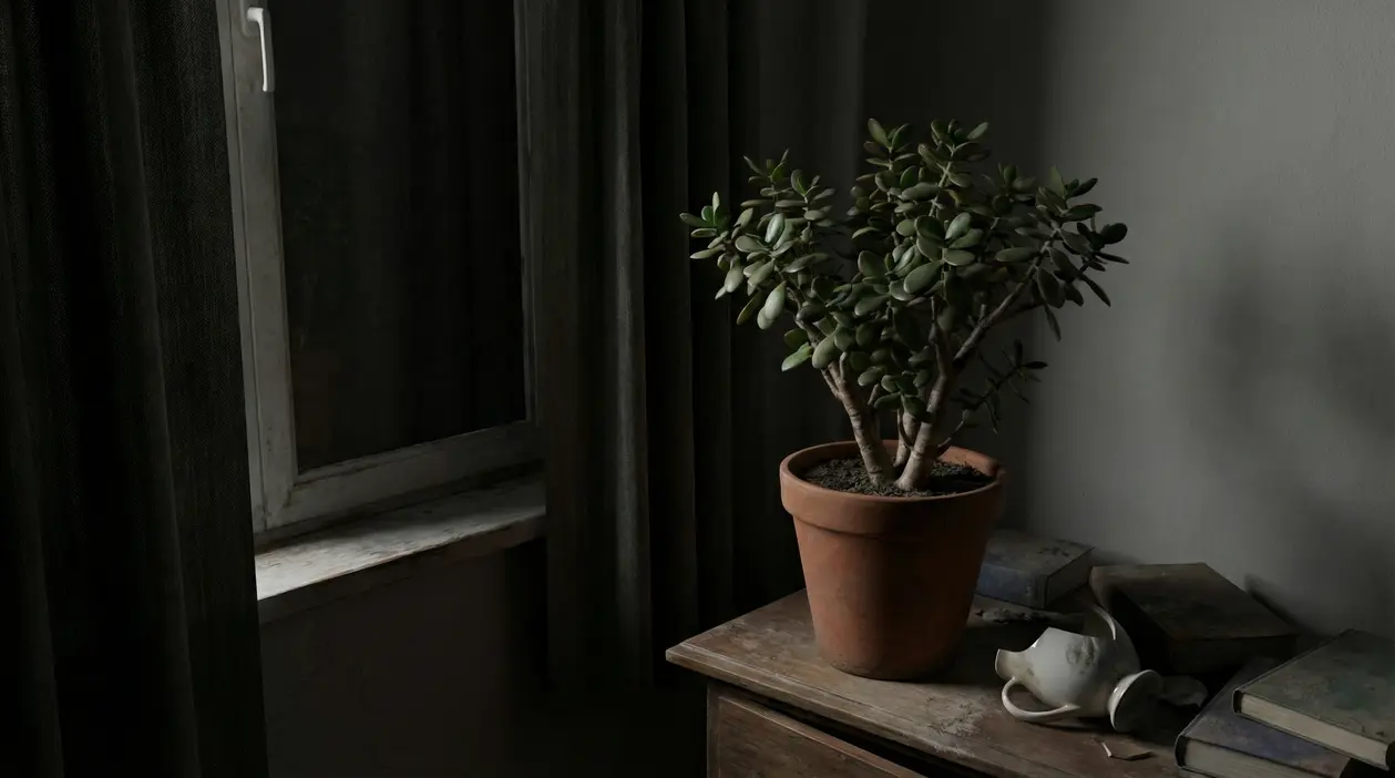Pianta di albero di giada in vaso su un tavolo vicino a una finestra con poca luce