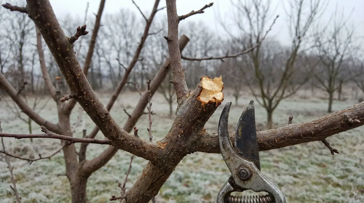 Ramo di susino appena potato con forbici da potatura in un frutteto invernale