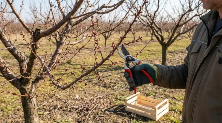 Persona pota un ramo di albicocco con forbici da potatura in un frutteto