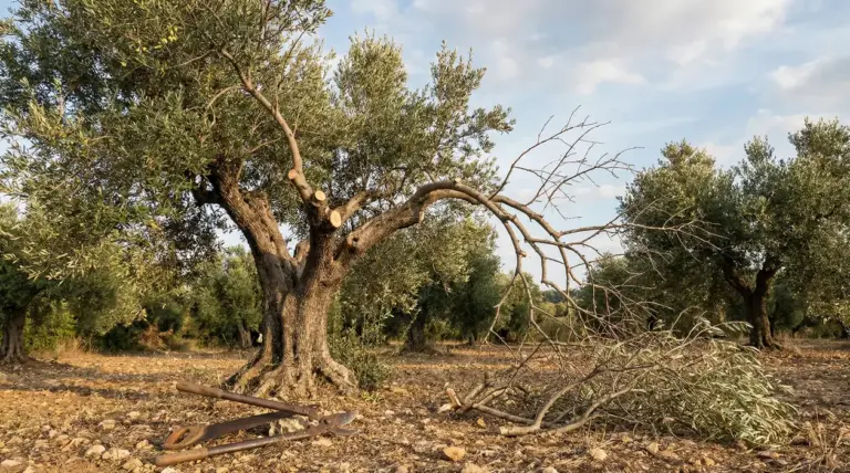 Ulivo potato con rami tagliati e attrezzi agricoli su terreno secco