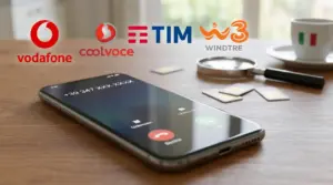 Smartphone su un tavolo con schermata di chiamata da numero con prefisso 347 e SIM sparse accanto