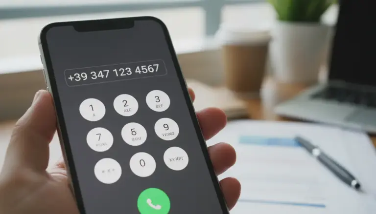 Mano che tiene uno smartphone con tastierino di chiamata e prefisso internazionale +39 prima del numero di cellulare