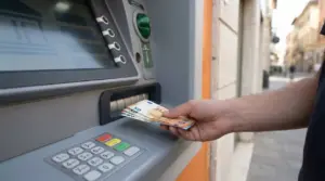 Una persona preleva contanti da uno sportello bancomat in una strada cittadina