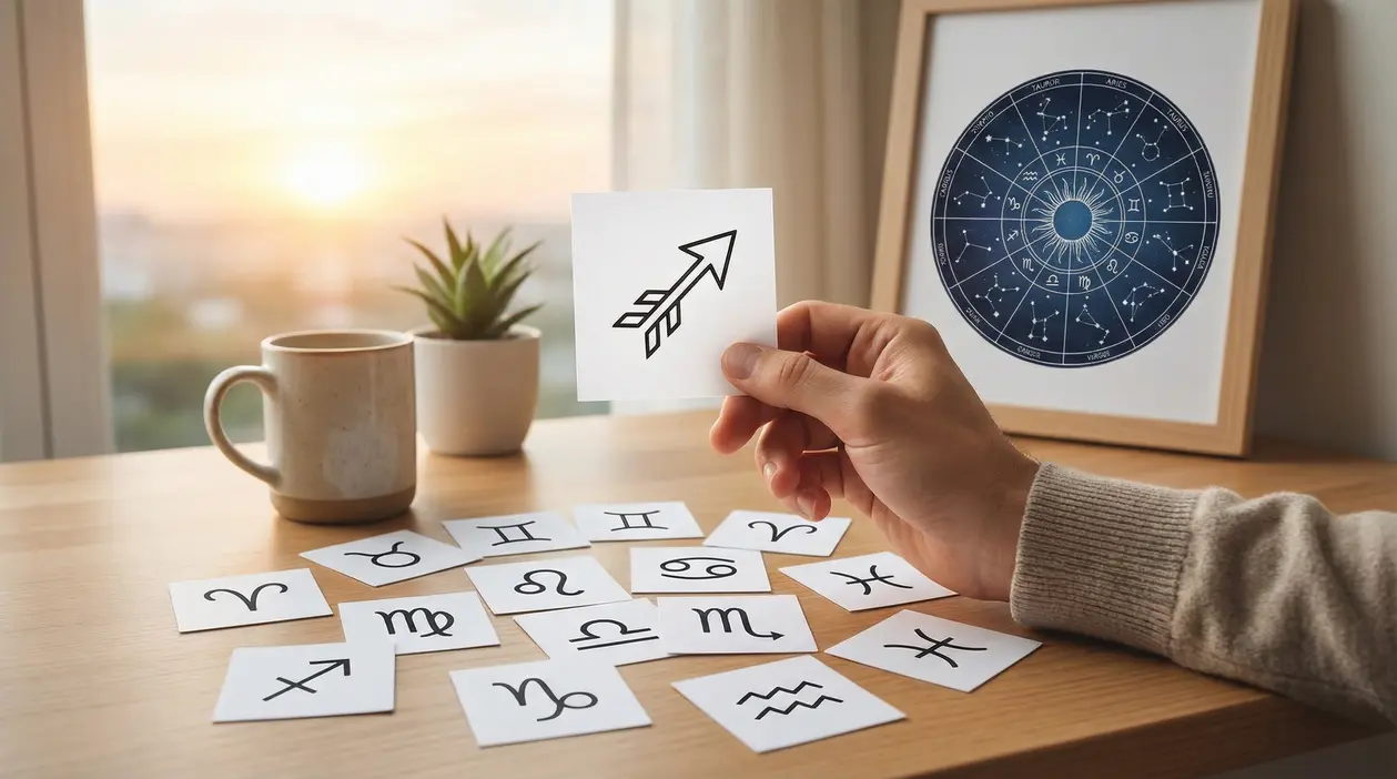 Persona che tiene un simbolo zodiacale su un biglietto, con altri segni sparsi su un tavolo.