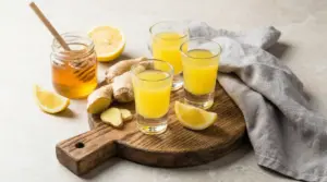 Tre bicchierini di ginger shot su tagliere con zenzero, limone e miele