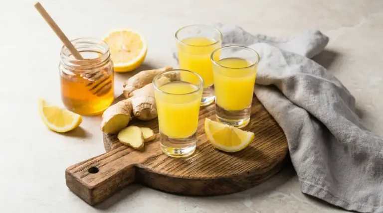 Tre bicchierini di ginger shot su tagliere con zenzero, limone e miele