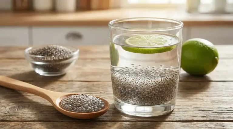 Bicchiere di acqua con semi di chia e fetta di lime su tavolo di legno
