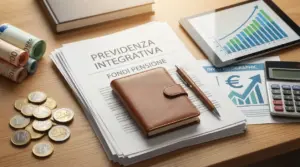 Documenti su previdenza integrativa e fondi pensione con euro, calcolatrice e grafico di crescita su scrivania