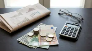 Euro e dollari con monete, calcolatrice e grafici finanziari su una scrivania