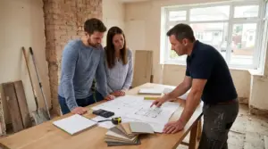 Persone che valutano planimetrie e preventivo in un interno in ristrutturazione con muro in mattoni a vista