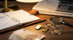 Lingotti d'oro, monete, soldi in euro e grafici finanziari su una scrivania