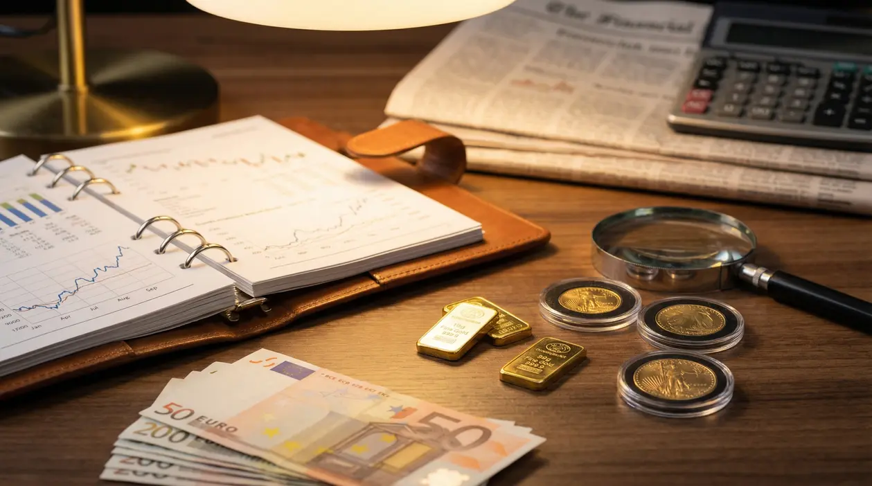 Lingotti d'oro, monete, soldi in euro e grafici finanziari su una scrivania