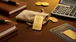 Lingotto d’oro da 20 grammi su scrivania con calcolatrice, monete e taccuino, per valutare prezzo e convenienza