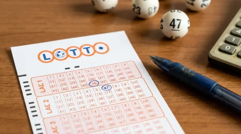 Schedina del lotto con numeri cerchiati su un tavolo, accanto a penna, palline numerate e calcolatrice