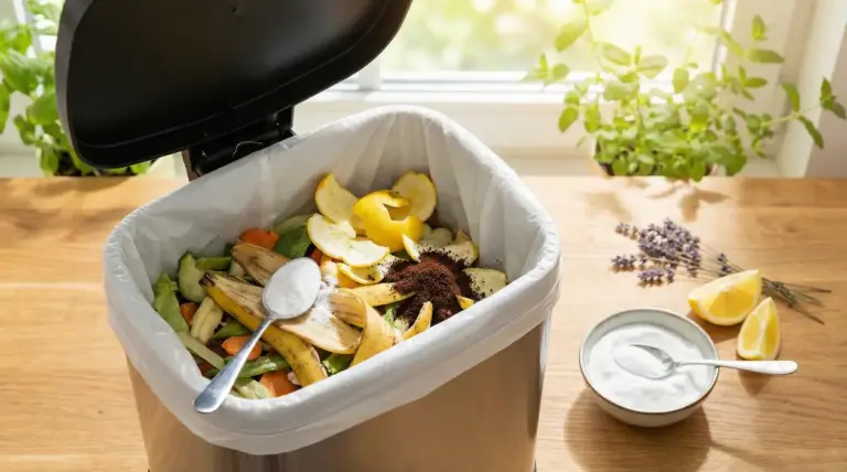 Pattumiera da cucina con scarti alimentari e ingredienti naturali come bicarbonato e limone