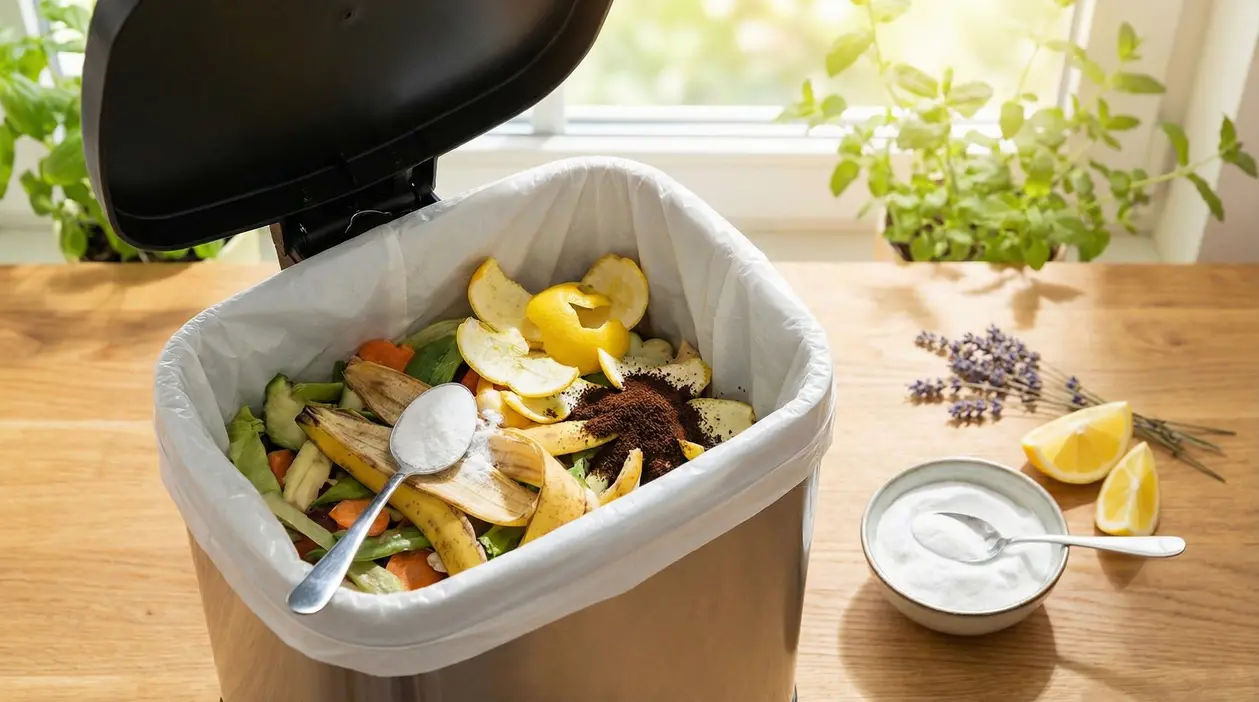 Pattumiera da cucina con scarti alimentari e ingredienti naturali come bicarbonato e limone