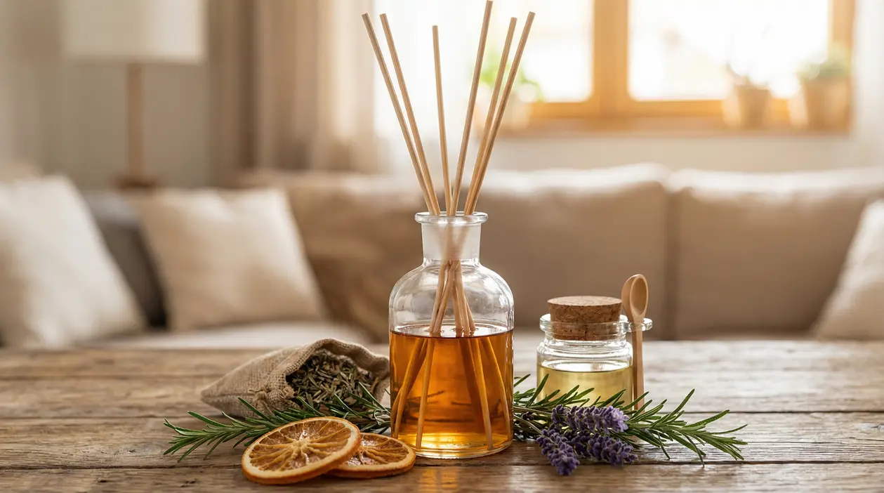 Profumatore fai da te con bastoncini, erbe aromatiche e agrumi su tavolo in legno