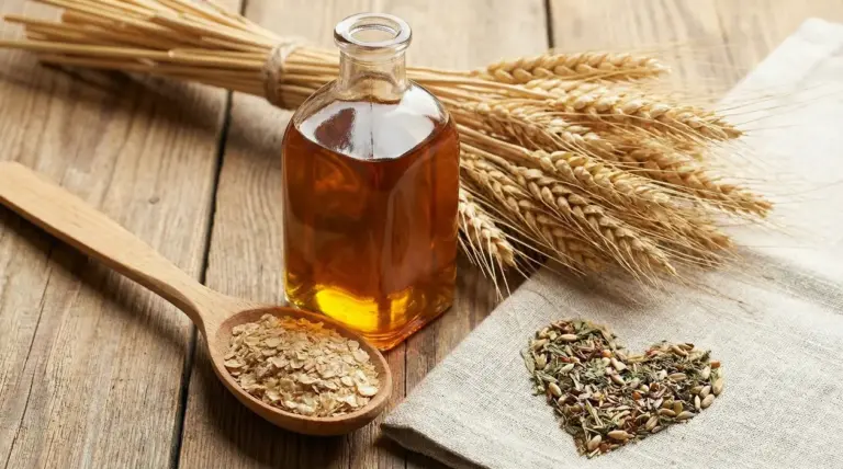 Bottiglia di olio con chicchi di grano, fiocchi e semi su un tavolo di legno