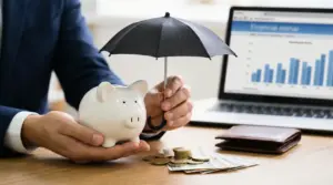 Persona protegge un salvadanaio con un ombrello vicino a monete e banconote su una scrivania