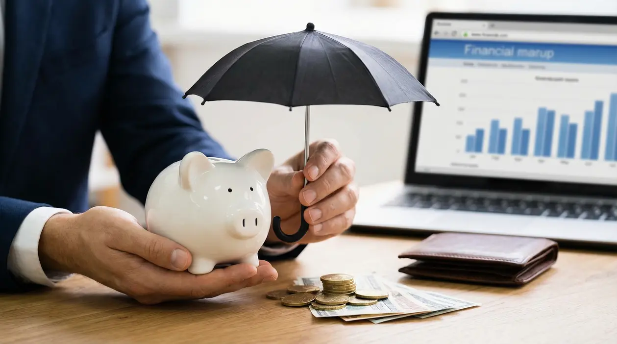Persona protegge un salvadanaio con un ombrello vicino a monete e banconote su una scrivania