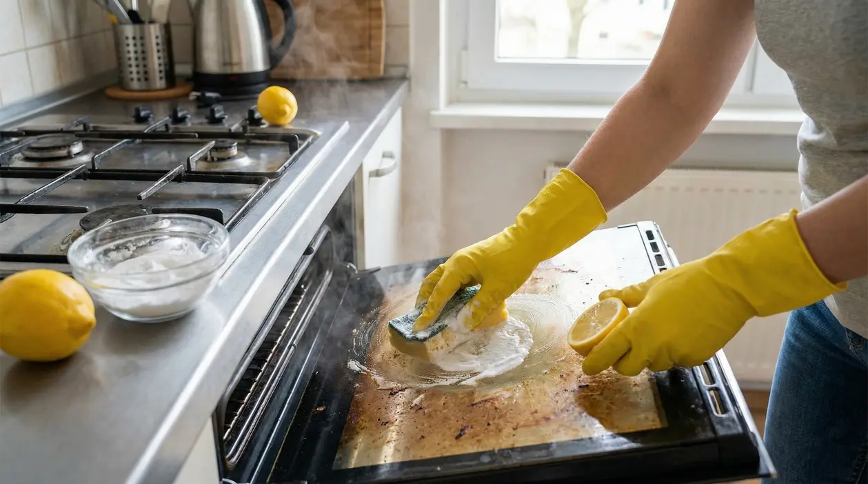 Persona che pulisce il forno con limone e spugna indossando guanti gialli