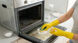 Persona pulisce il forno con limone, bicarbonato e una spugna, indossando guanti gialli