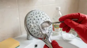 Rimedio naturale con bicarbonato per pulire un soffione della doccia incrostato di calcare