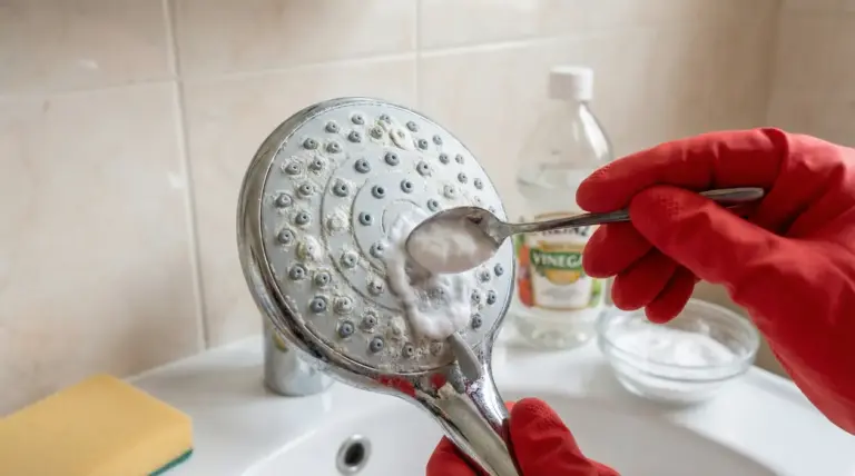 Rimedio naturale con bicarbonato per pulire un soffione della doccia incrostato di calcare